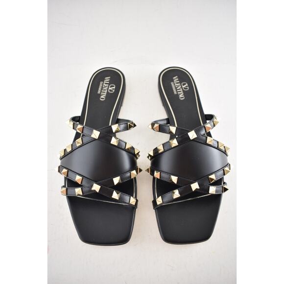 Valentino Rockstud Crisscross Strap Leather Black Slide Slip On Flat Sandal 40 - Picture 8 of 16